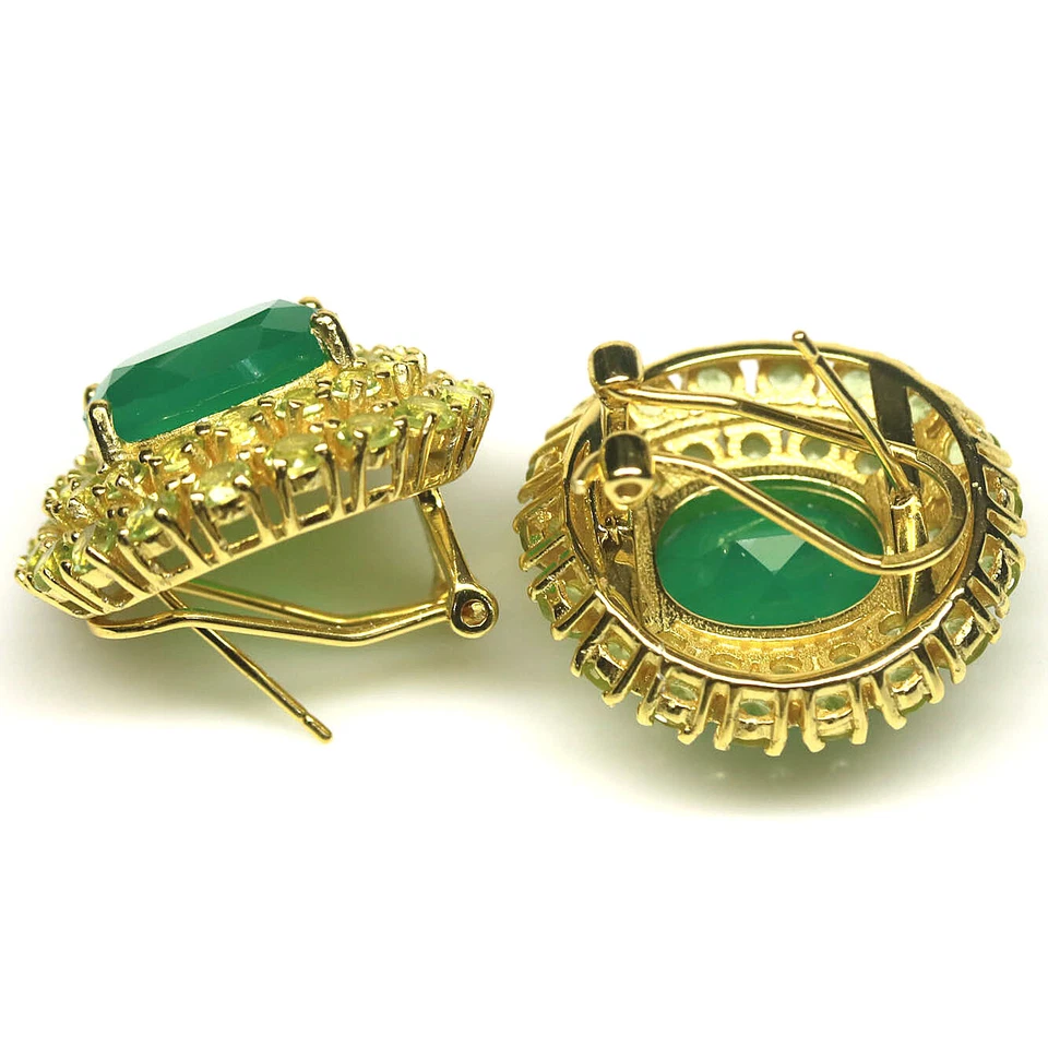 Nicht Erhitzt Grüner Achat & Peridot Ohrringe 925 Sterlingsilber 18K Vergoldet - Bild 3 von 4