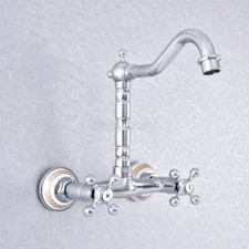 Polished Chrome Wall Mount Bathroom Sink Faucet Swivel Spout Double Handle