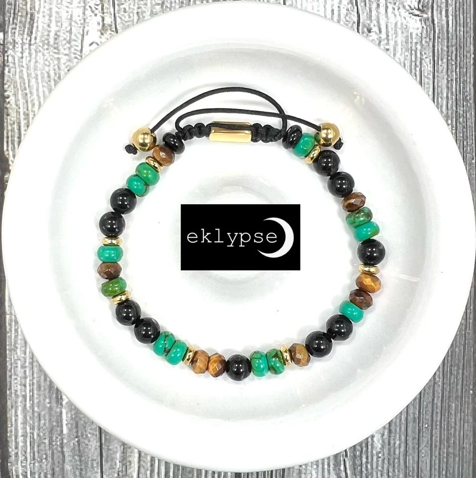Hip Macrame Adjustable 6mm Tigers Eye+Turquoise Gemstone Bead Gold Men Bracelet - Image 3 of 4