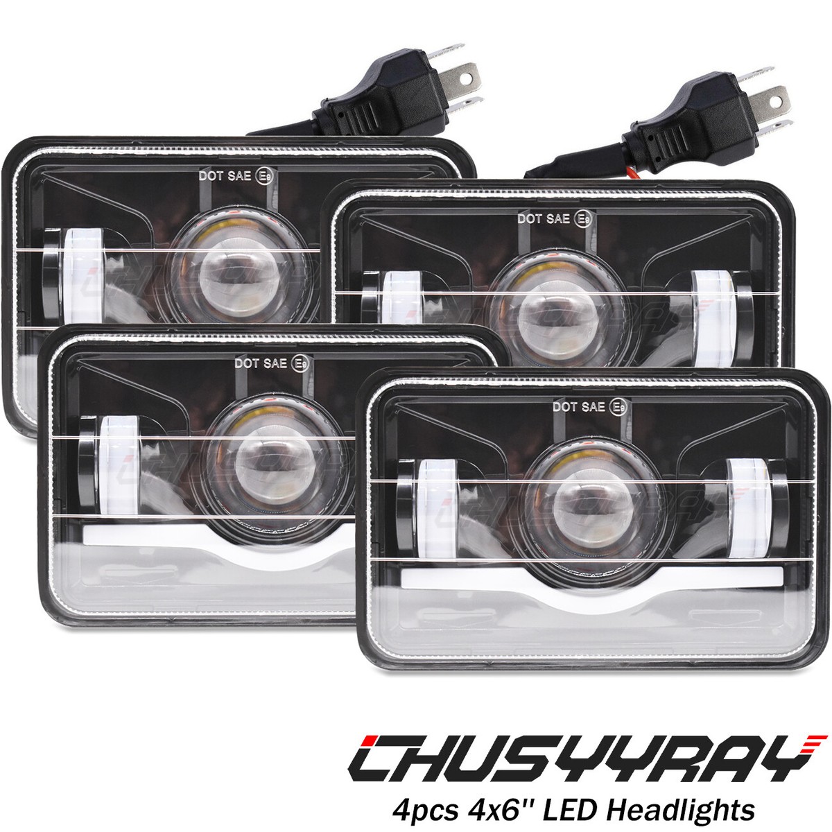 LED Headlight 4pc Black 4x6 Fit H4652 H4666 H6545 H6054 Peterbilt ...