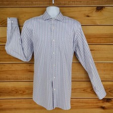 Bugatchi Dress Shirt Mens Size 16.5 Light Blue Striped Classic Fit Spread Collar
