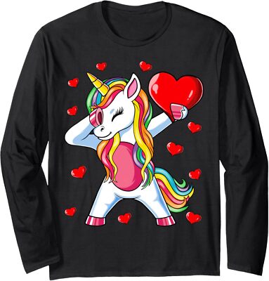 Dabbing Unicorn Heart Valentines Day Rainbow Gift Long Sleeve Tshirt