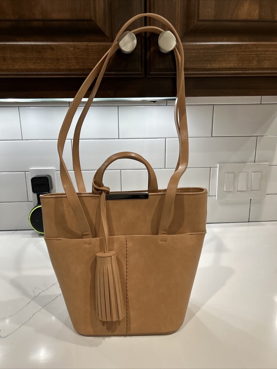 ZARA Cow Leather Fringe Tote Shoulder Bag Purse Tan