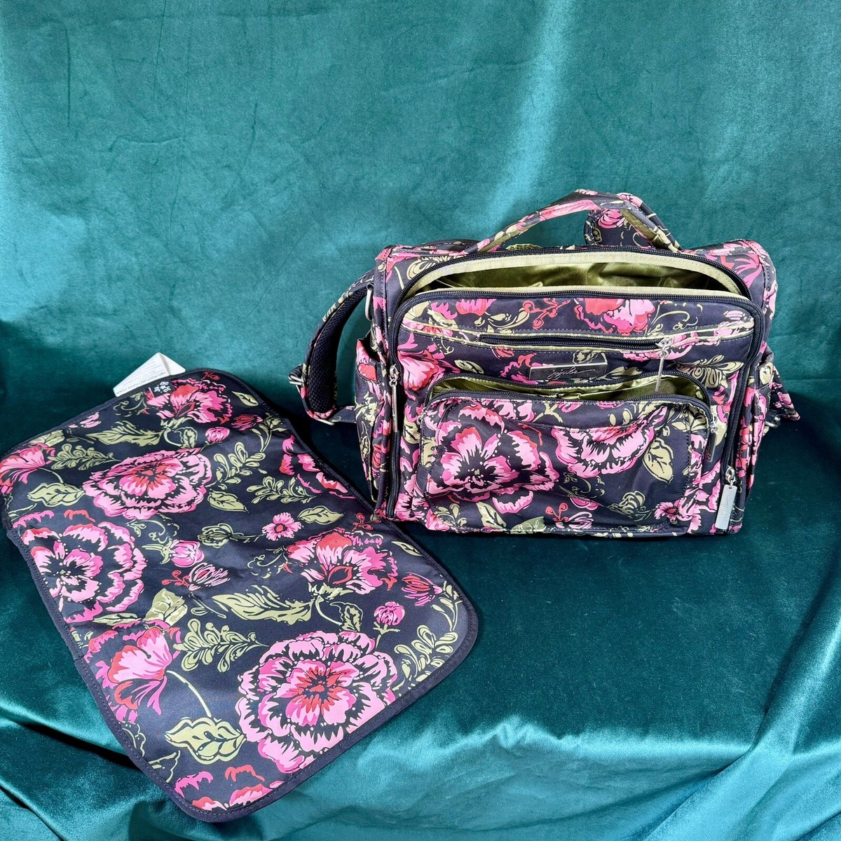 JuJuBe Black Floral Messenger Backpack BFF Diaper Bag And Changing