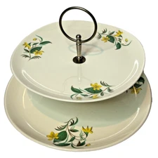 Vintage MCM Salem Starlight Yellow Flower 2-Tiered Serving Tidbit Tray Platter