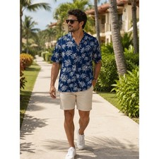 Campia Moda Mens Navy Blue Palm Tree Tropical Rayon Aloha Camp Shirt Size M