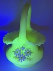 Vintage Fenton Glass Hand-Painted Satin Custard Basket Signed Adamson Uranium