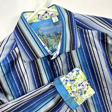 Robert Graham Shirt Mens Small Blue Striped Button Up Floral Flip Cuff Embroider