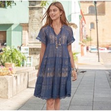 Sundance Sweep of Lace Blue Floral Tiered Shift Dress V-Neck Ruffle XS RN 106205