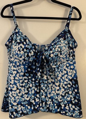 Maxine of Hollywood Wms 16 Blue Print Tankini Top Tie Front Adjustable Straps
