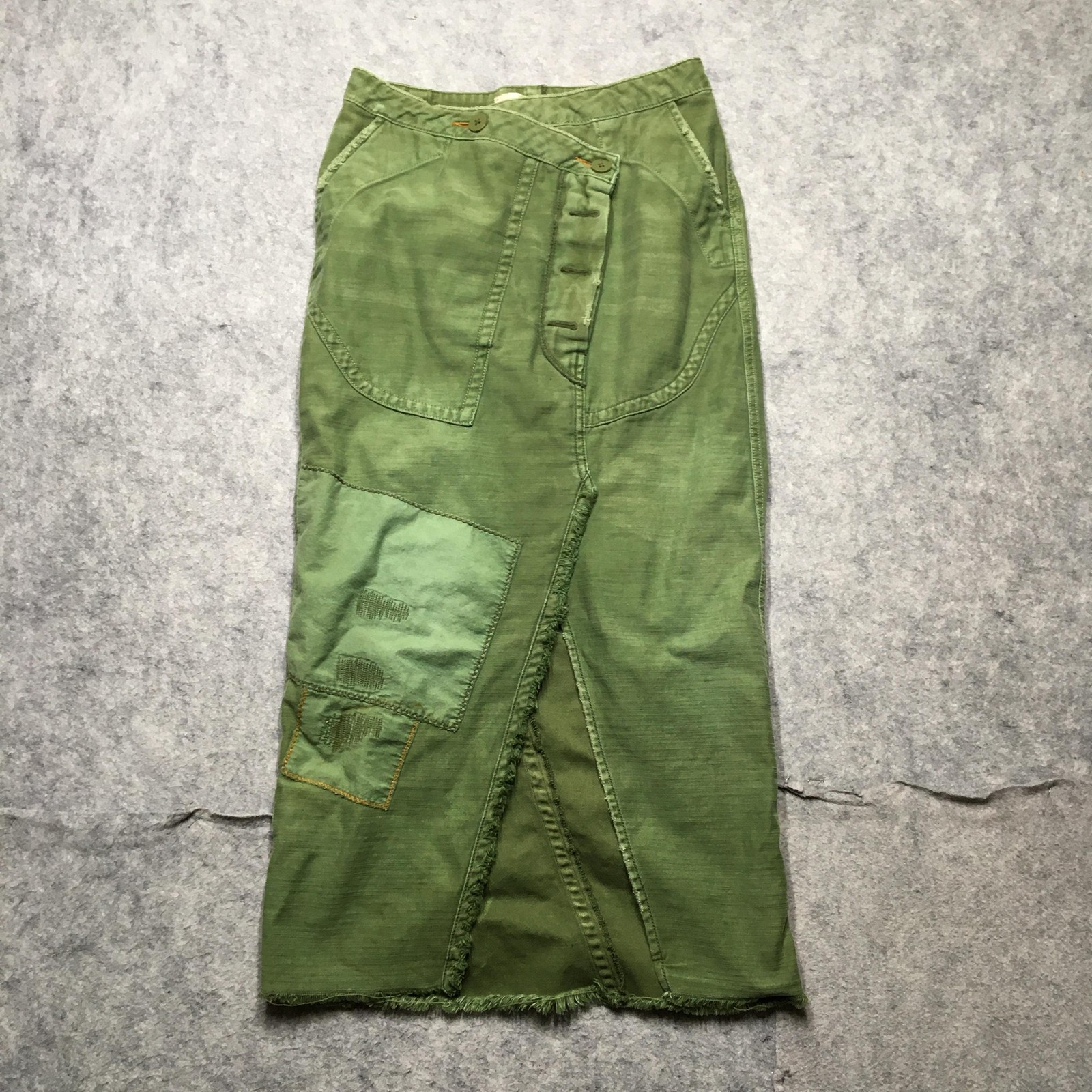 Free People Skirt Womens Medium M Green Cargo Patchwork Midi Fringe Army