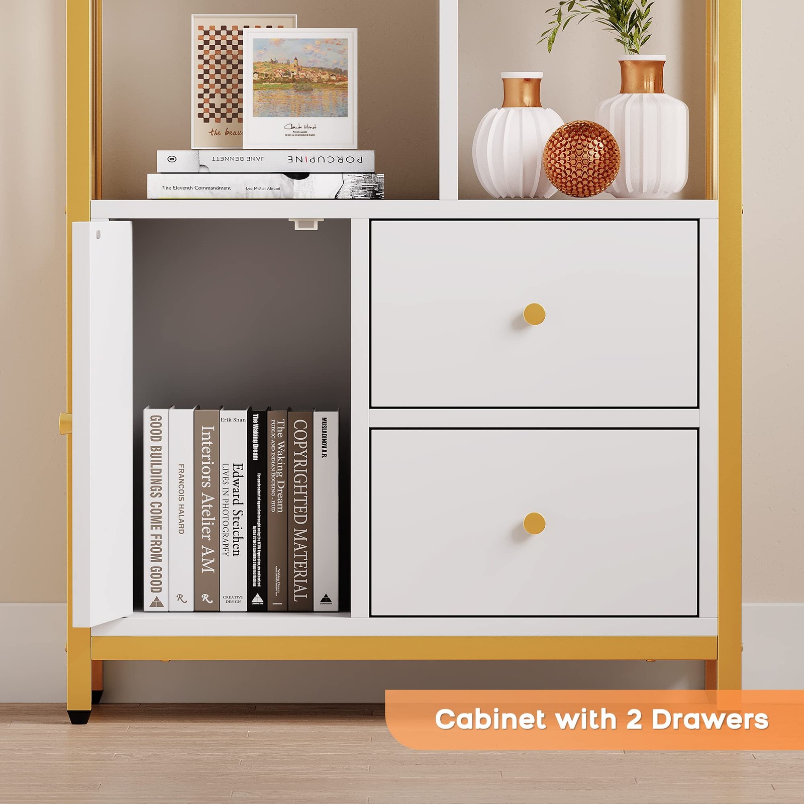 Bookshelf and Bookcase with Storage Cabinet and 2 Drawers 5 Tiers Book Shelves