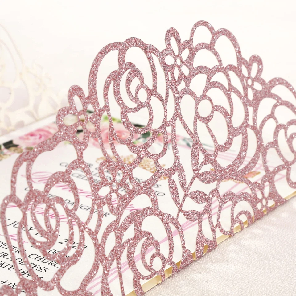 50 PIEZAS Invitación de Quinceañera Corte Láser con Sobre, 4.9" x7.2' Brillo Rosa... Foto 4 de 4