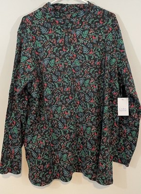 NEW Croft & Barrow womens sz 2X Black cardinal print mock neck top t long sleeve