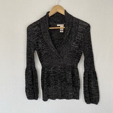 DKNY Jeans Sz MP Shawl V-neck Collar Black Silver Metallic Knit Sweater