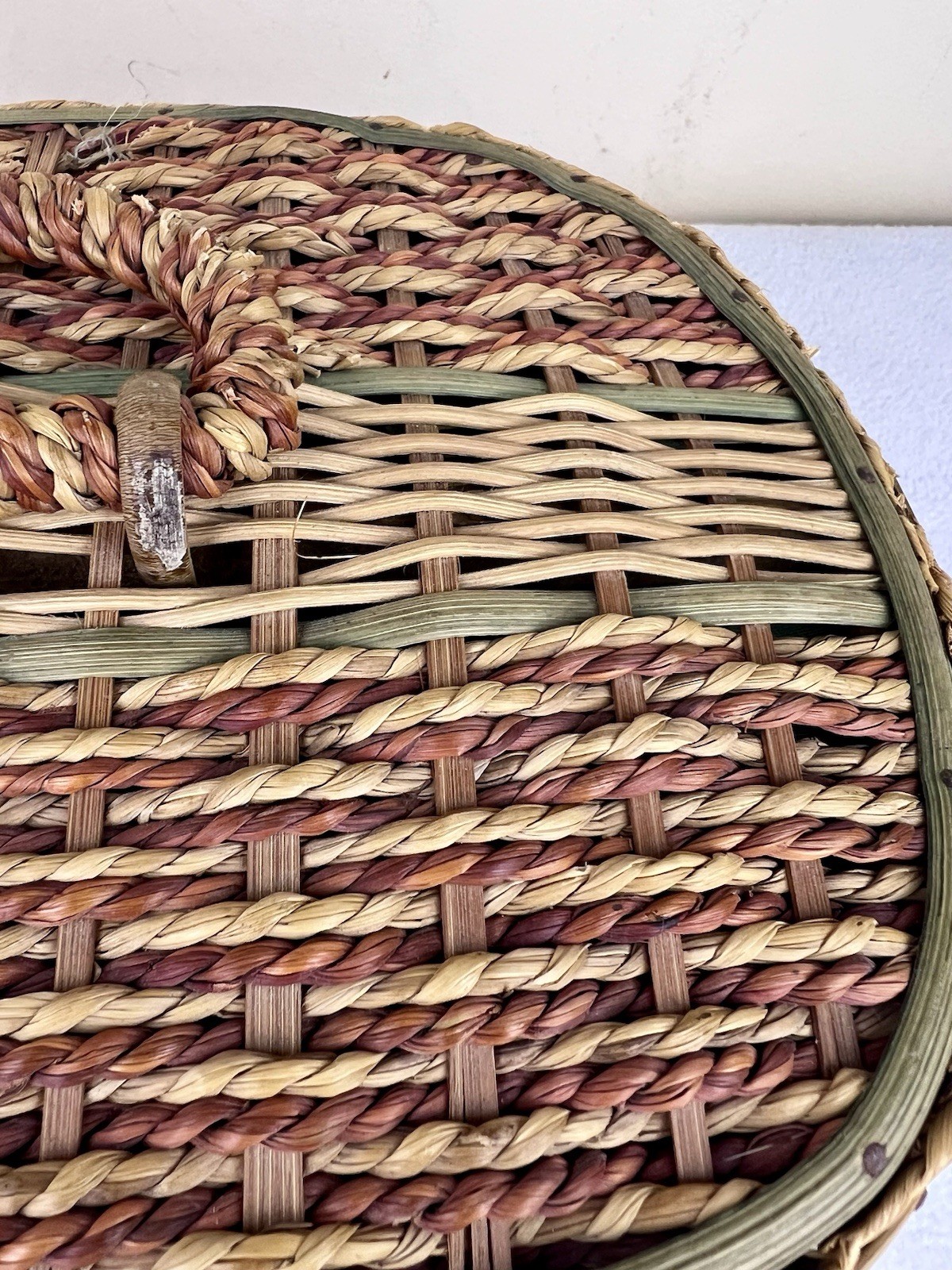 Vintage Sewing Basket Faux Ratan Wicker Sea Foam Green Satin Lining Japan 10.5”