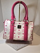 MCM White Pink Logo Satchel Top Handle Bag Zi...