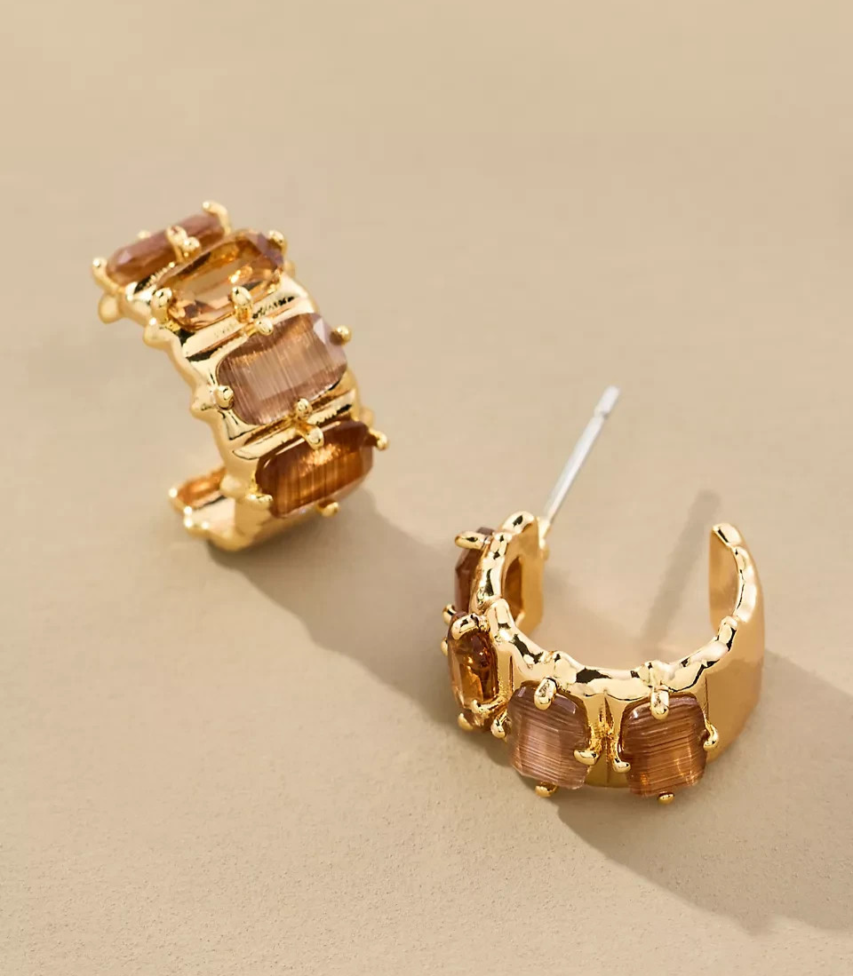 ANTHROPOLOGIE Crystal Baguette Huggie Hoop Earrings - 14K Gold Plated - Brown