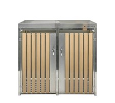 Mülltonnenbox mit Pflanzdach Doppelbox 240L Edelstahl silber/Holz 84x134x124cm