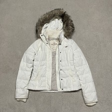 Y2K Hollister Faux Fur Hooded Puffer Jacket Coat White Sherpa Size S Vintage