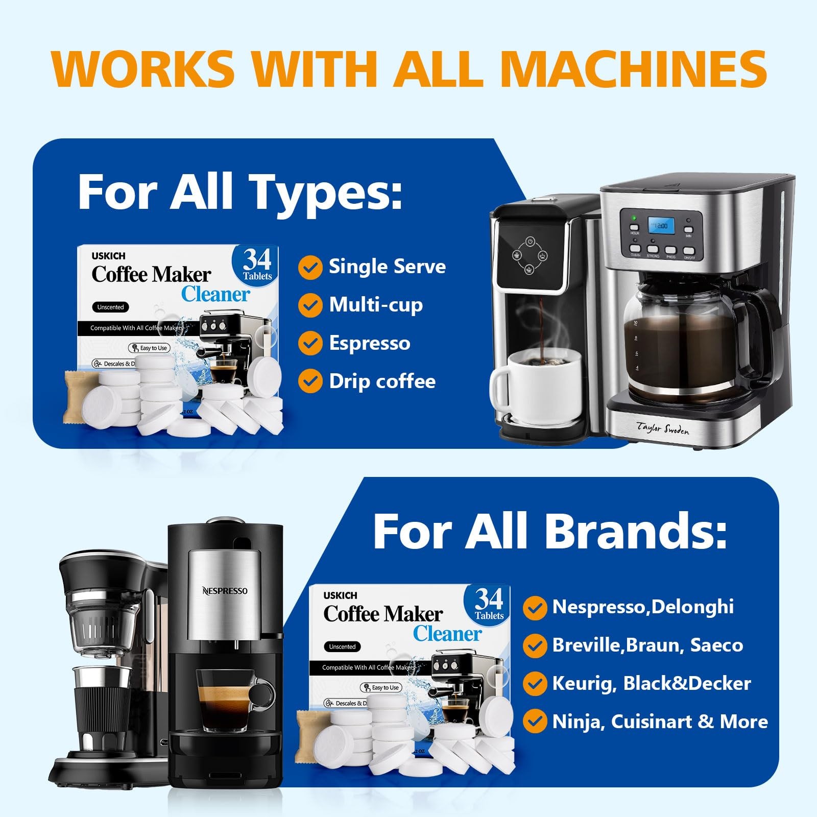 Coffee Machine Cleaner Descaler Tablets 34 Pack, 1 Count (Pack of 34), WHITE 