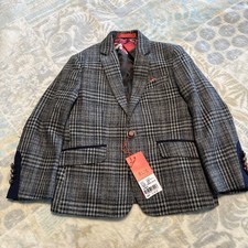 Boys Blue/grey Blazer With Check And Blue Elbow Patch, Sizes 2,4