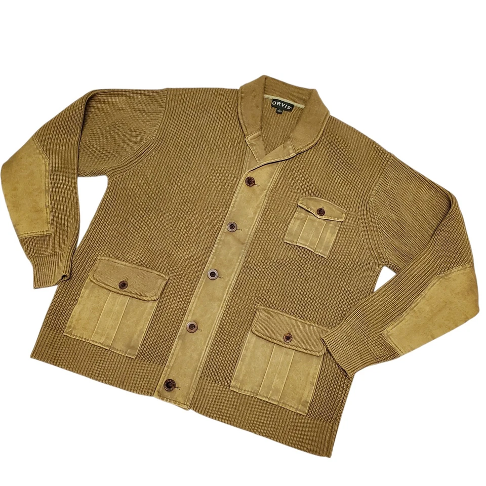 Orvis Hawker Twill Cardigan Grandpa Sweater Men XL Khaki Cotton Field Utility  - Image 2 of 4