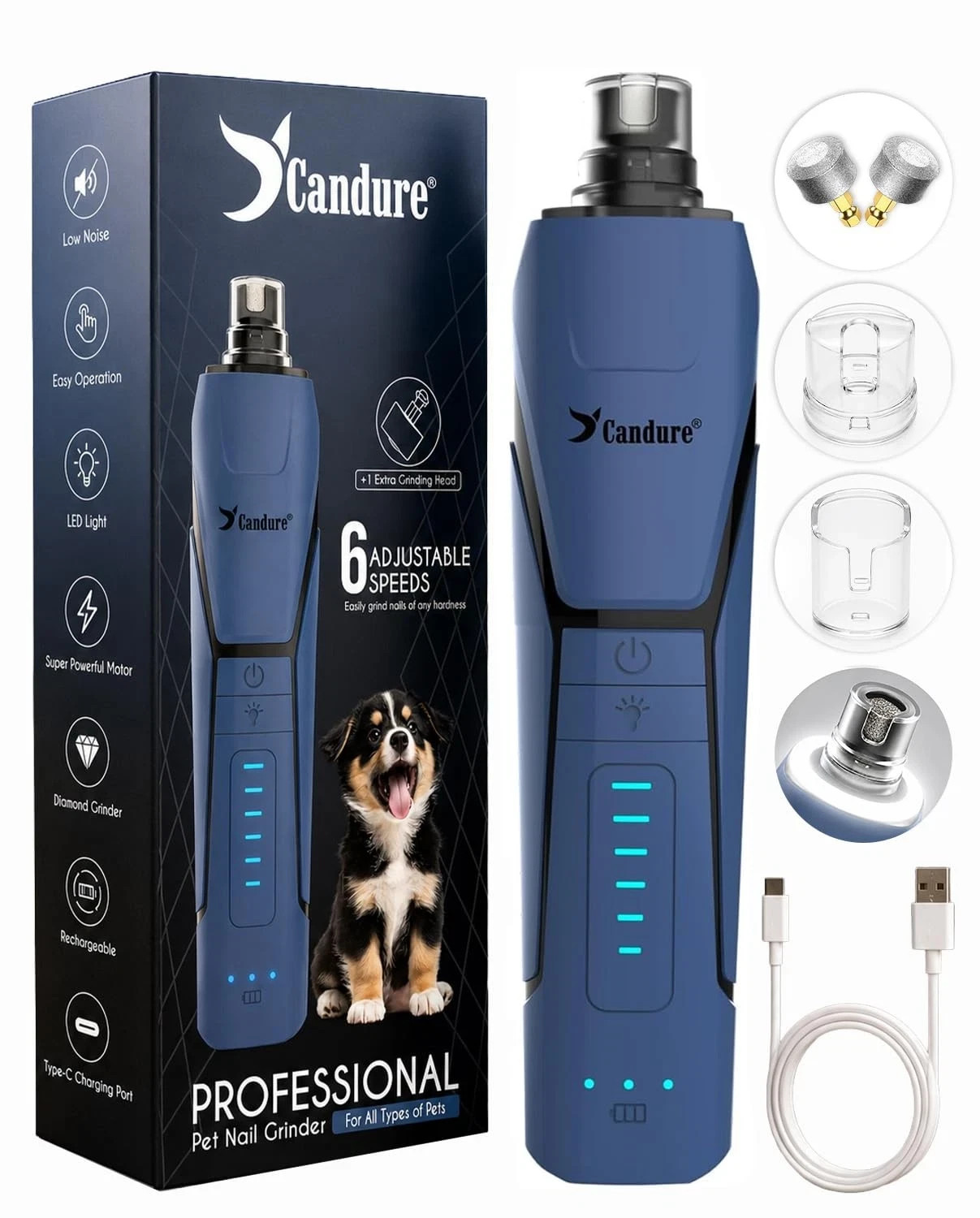 Best Candure Whisper Quiet Dog Nail Grinder with 360 Degree LED Light, 6-Speed
