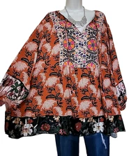 John Mark NWT Falling Leaves Black Rust Swing Loose Embroidered Top Plus 1X