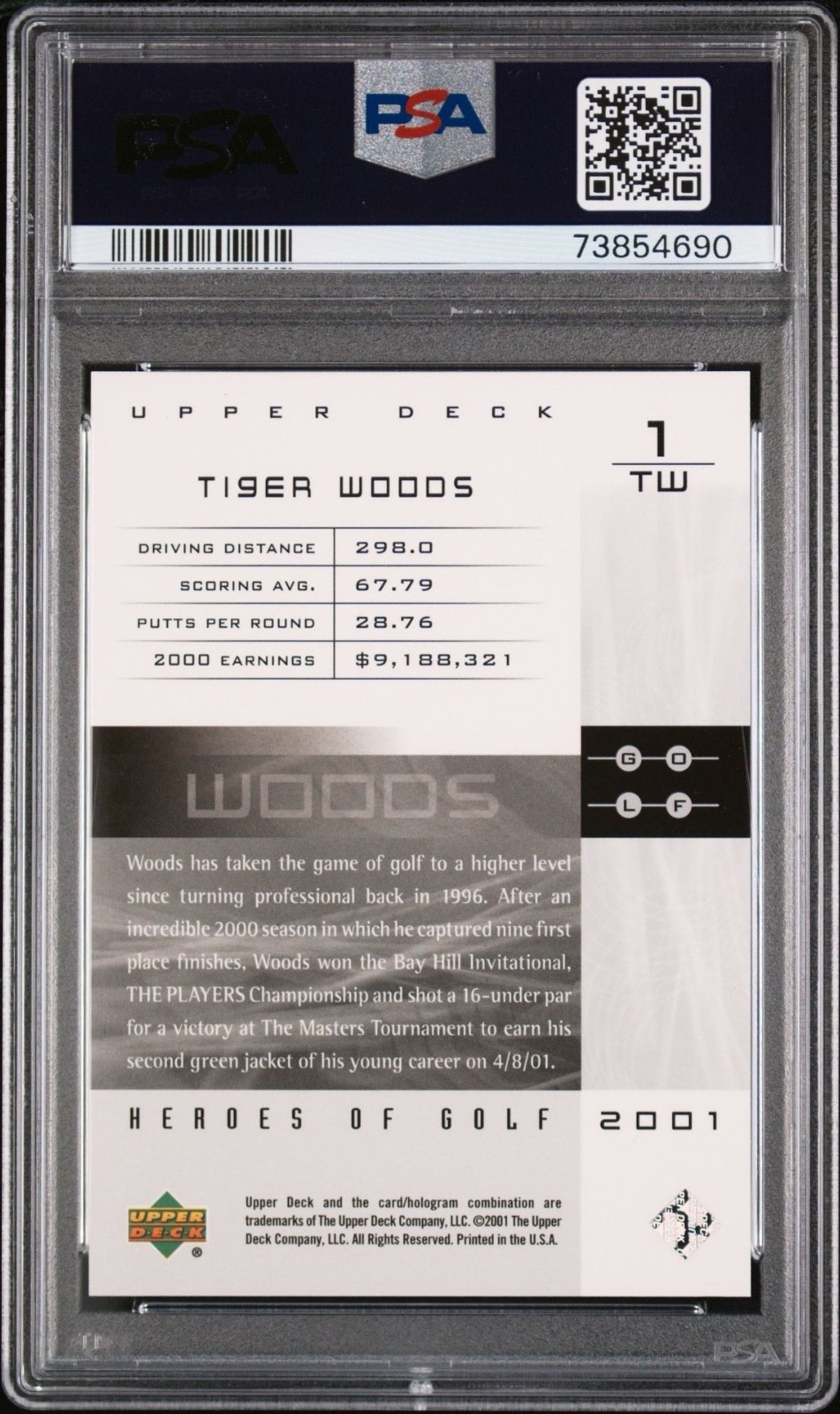 2001 UPPER DECK HEROES OF GOLF 2001 NATIONAL PROMO TIGER WOODS 1TW PSA 10 view 2