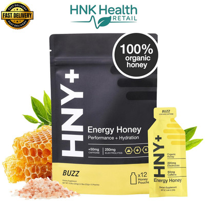 HNY+ Buzz Honey Energy Gel 50mg Caffeine Electrolytes Vegan 12 Pack