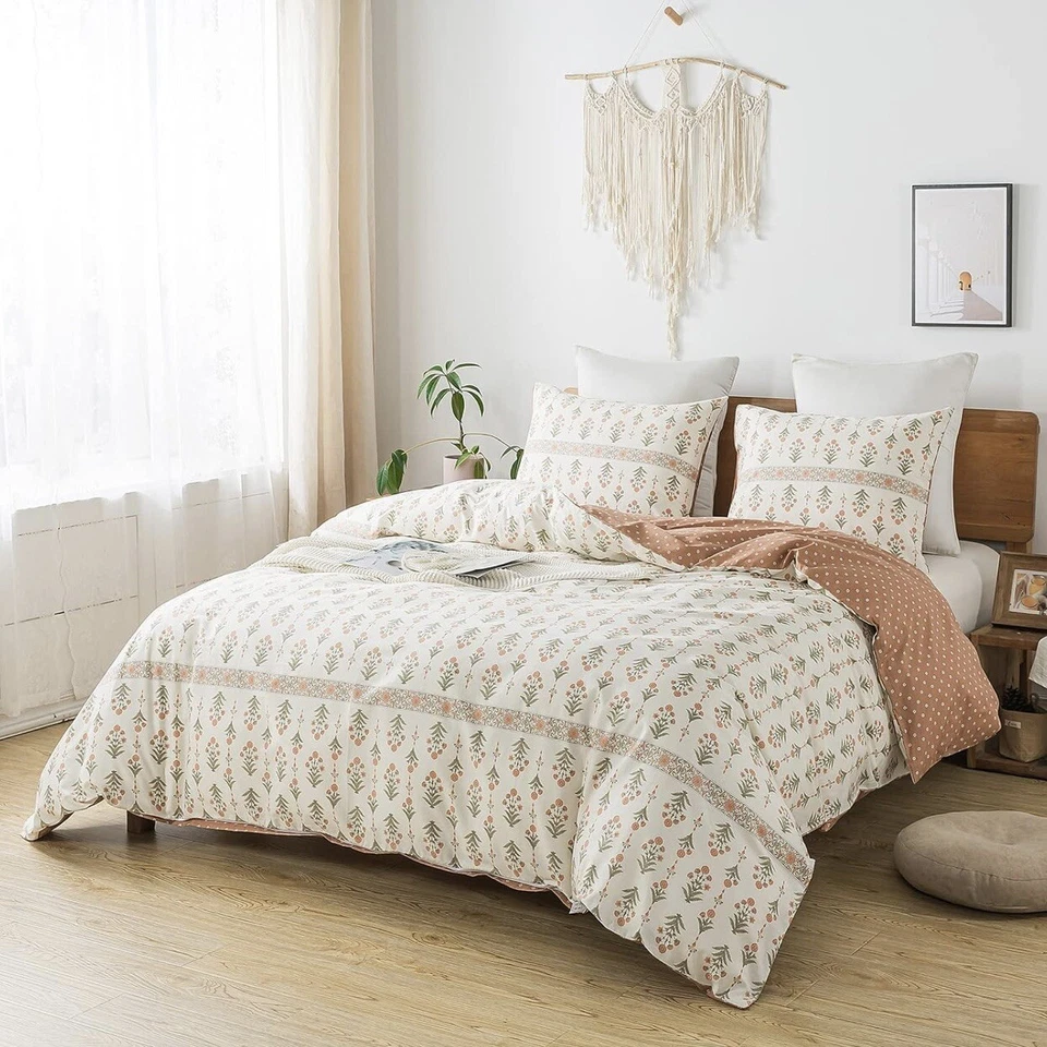 NUEVO Anthropologie Crema Boho Queen Size Floral Ropa de Cama Edredón Algodón Juego Falso Foto 2 de 4