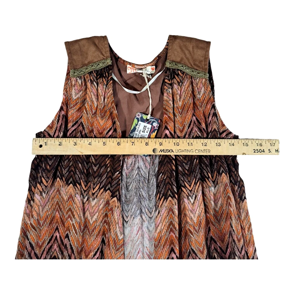 Chaleco Miss Me Abierto Niñas Talla XL Cortina Frontal Marrón Óxido Estampado Chevron Boho Foto 2 de 4