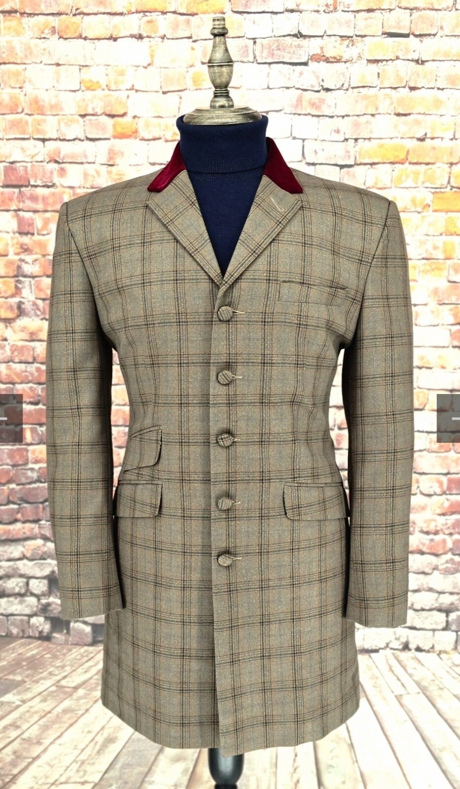 ALTRA Cappotto Mod Retrò Skinhead 3 4 4 Bottoni Taupe Check Borgogna Velluto Collare