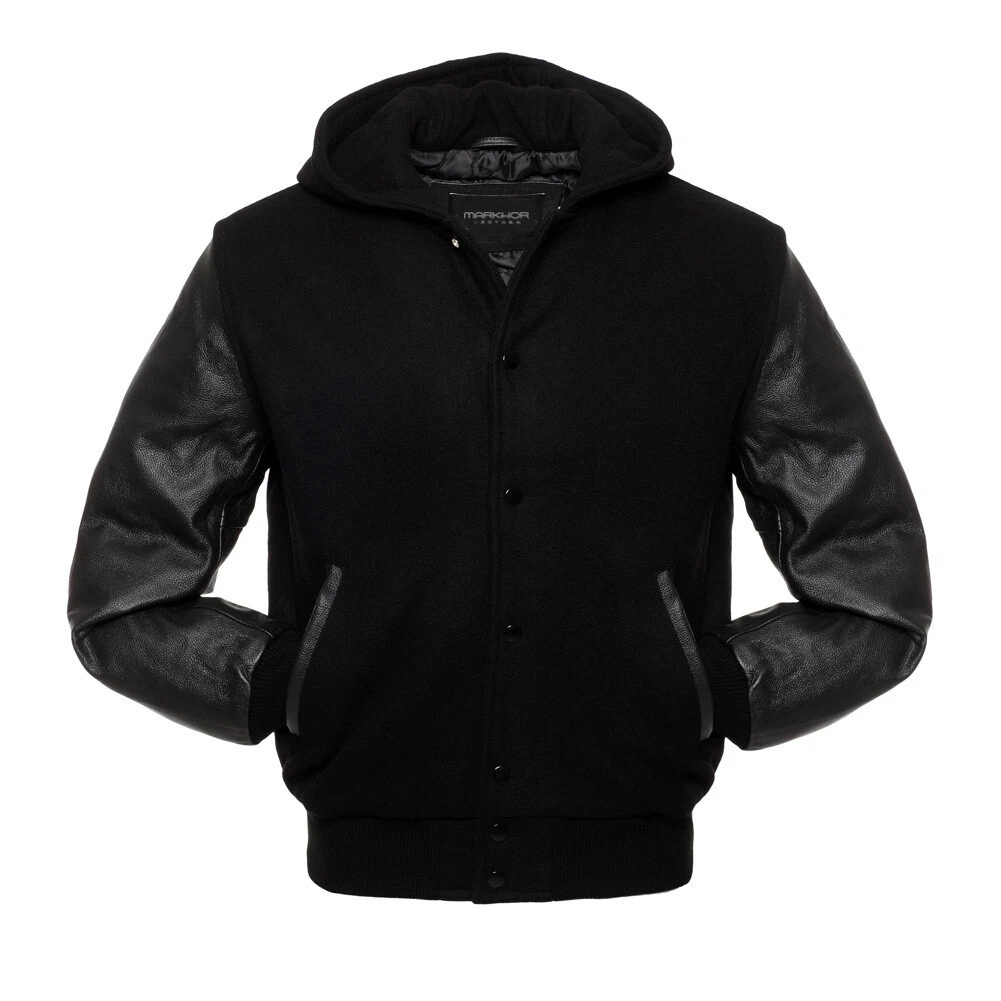 Men's Hooded Letterman Baseball Moto Biker Black Wool & Leather Varsity Jacket