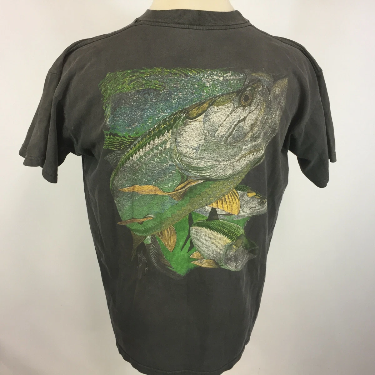 Vintage 80s 90s Guy Harvey Distressed Faded Worn Fly Fishing Trout Black T  Shirt