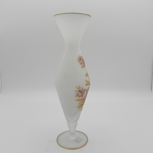 Relpo White Satin Bud Vase 10" Spiral Stem Floral Design VTG Flower Gold Rim - 第 7/8 張圖片