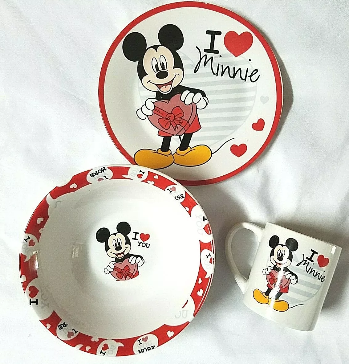 DISNEY MICKEY MOUSE 3PC DINNER SET PLATE BOWL MUG I LOVE MINNIE