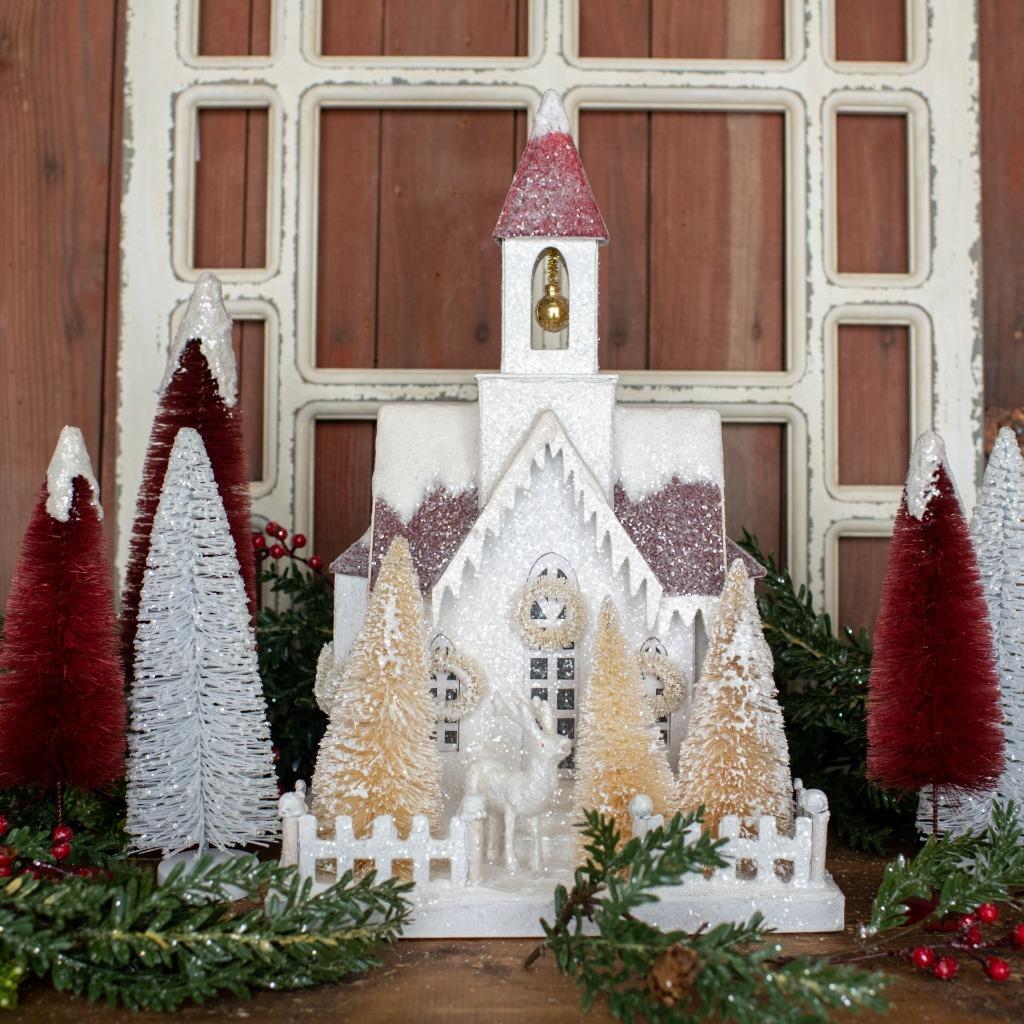 Ragon House Snowy Winter Christmas Village Church with Red Roof Steeple House
