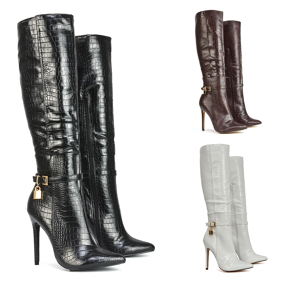 Botas femininas salto alto médio biqueira pontiaguda sapatos femininos tamanhos 3-8 - Imagem 2 de 4