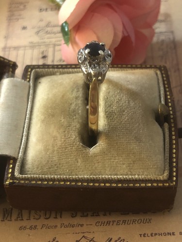 Anillo vintage de racimo de zafiro y diamantes de oro amarillo y blanco de 18 quilates talla L - Imagen 6 de 10