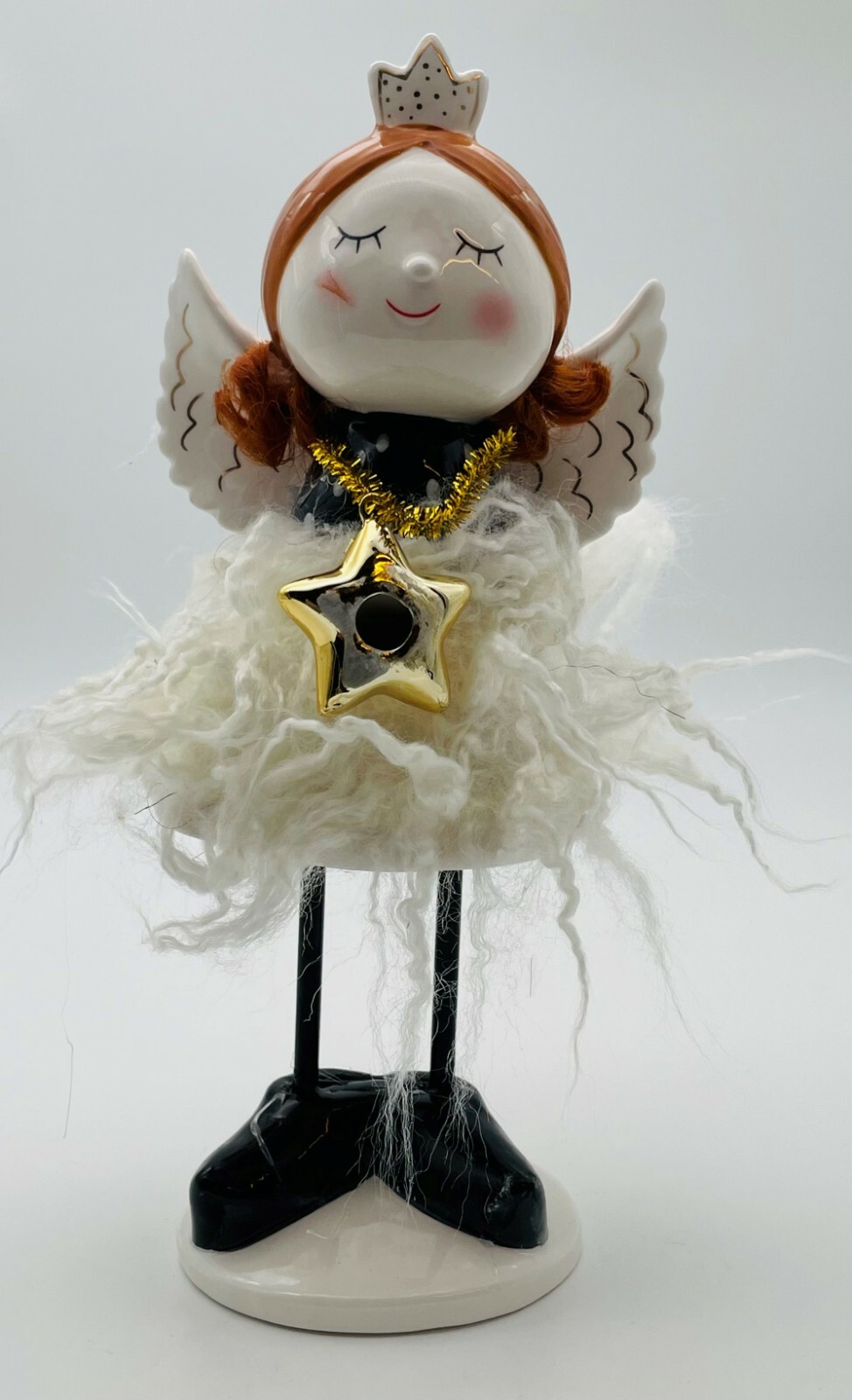 Engel mit Kunstfell aus Keramik Aufstellfigur Außendekoration Schutzengel Deko