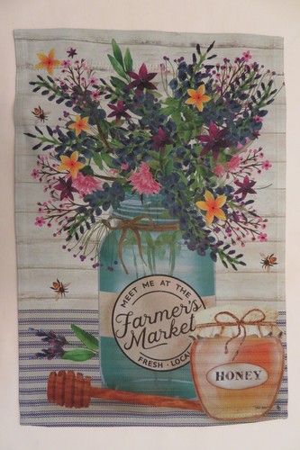 Wildflowers in "Farmer's Market" Blue Mason Jar, Honey, decorative HOUSE Flag - Afbeelding 1 van 2