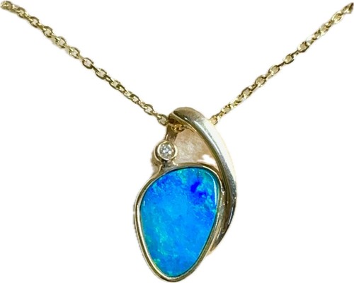 Modern Natural Opal & Diamond 14k Gold Pendant Necklace 16” Chain - Picture 2 of 8