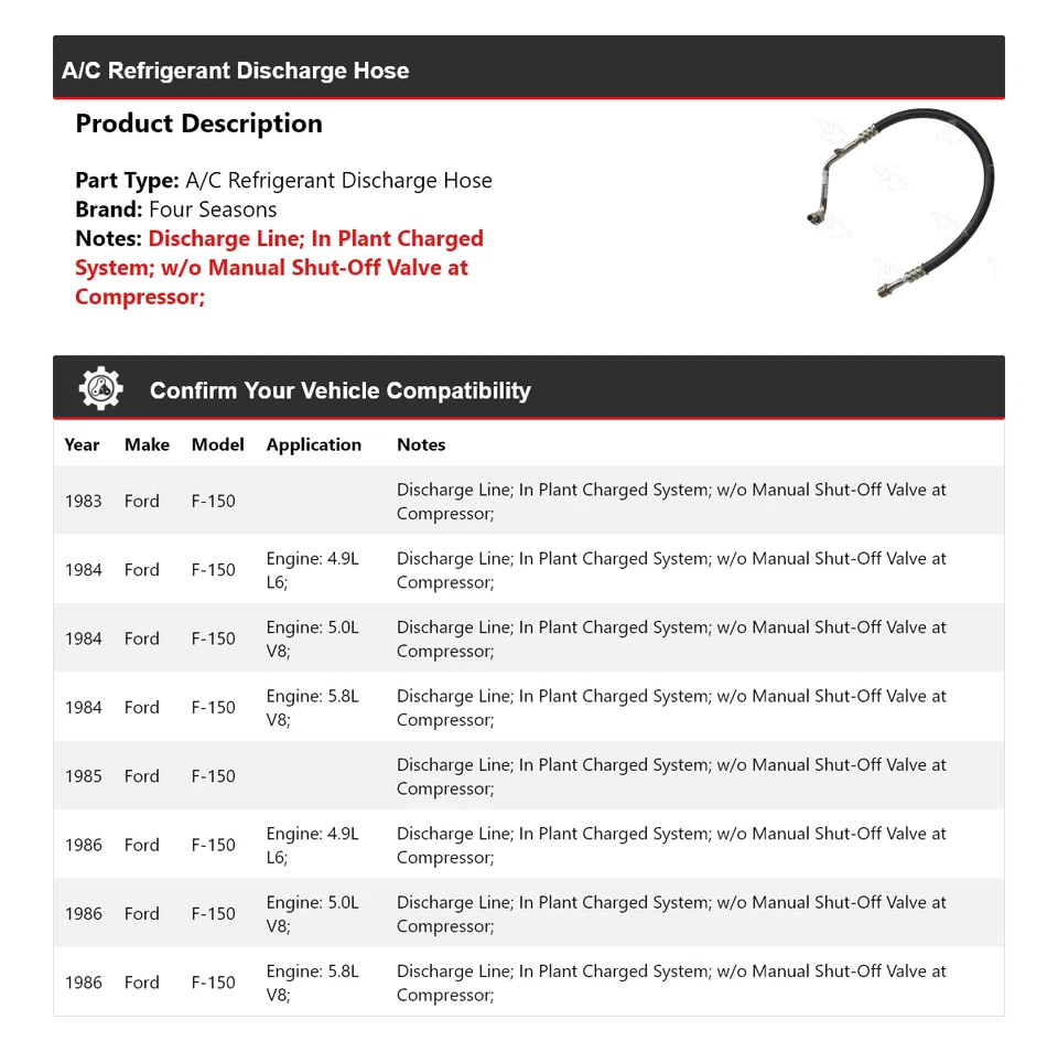 Manguera de descarga de refrigerante aire acondicionado Ford F-150 1983-1986 4 estaciones 1984 1985 Foto 2 de 4