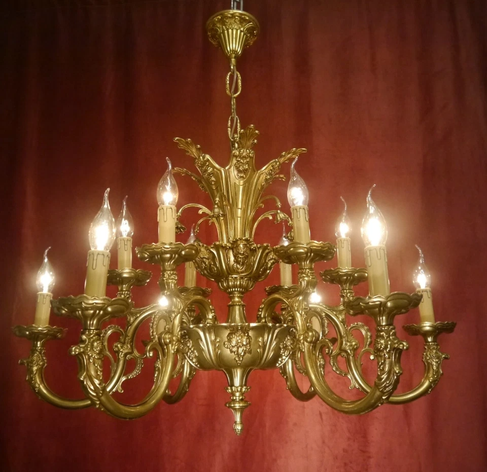 ANTIGUA LÁMPARA DE TECHO BARROCA LATÓN BRILLANTE VINTAGE 16 LÁMPARAS Ø 32" Foto 2 de 4
