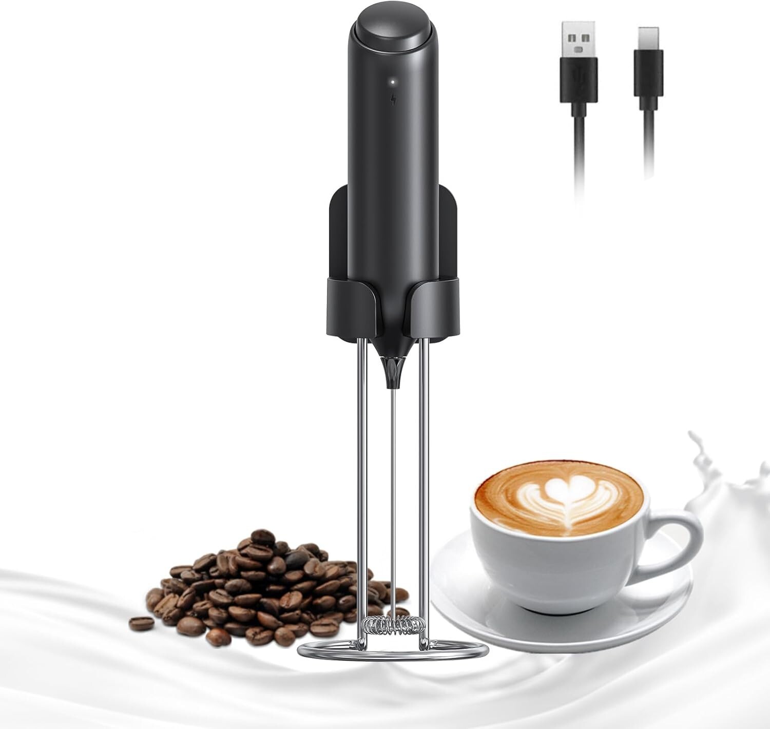 Milk Frother Handheld with Wall Mounted Stand USB Rechargeable Drink Mixer-Black-image
