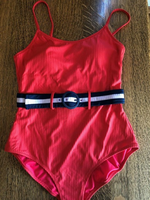 red belted swimsuit