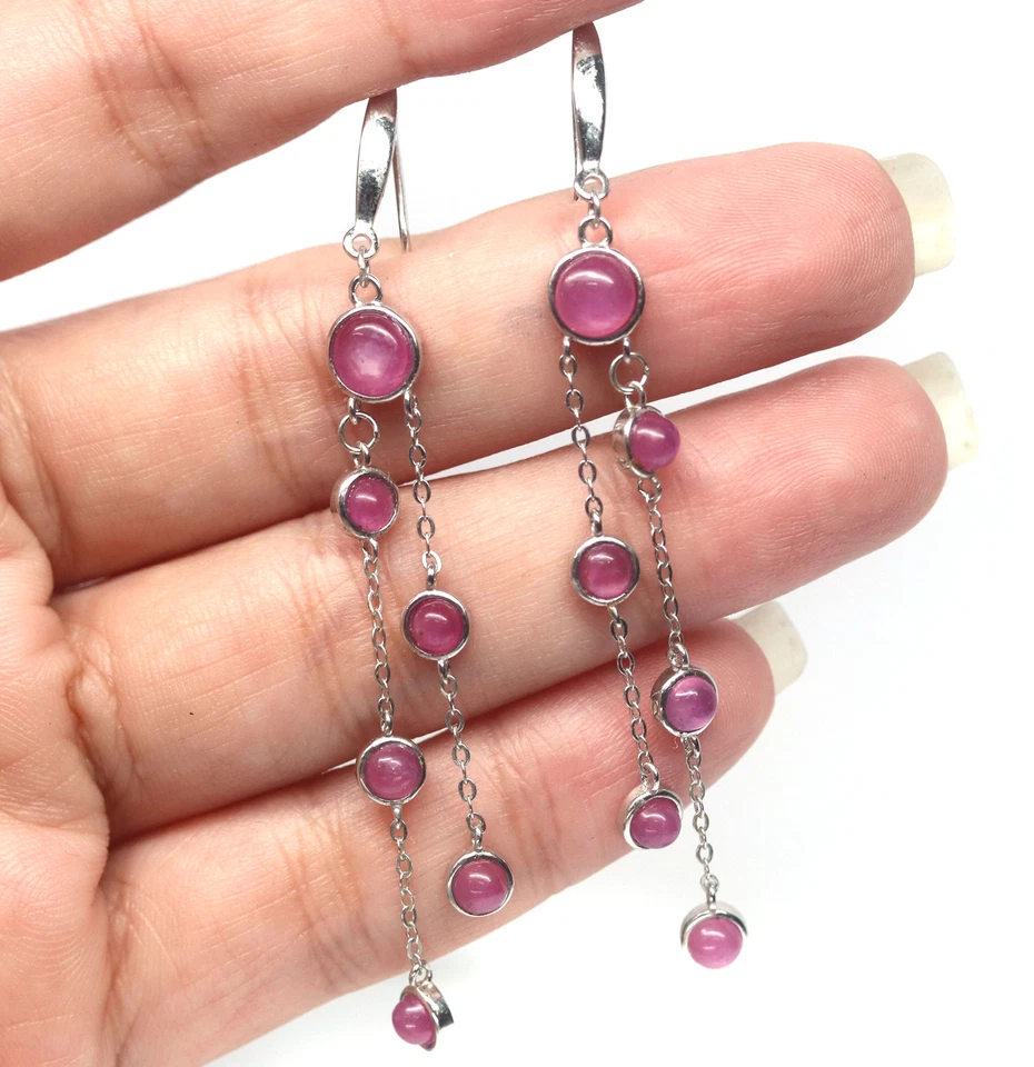 Heizbar 6 - 4 Mm. Runde Rosa Rubin Lange Ohrringe Silber 925 Sterling - Bild 2 von 4