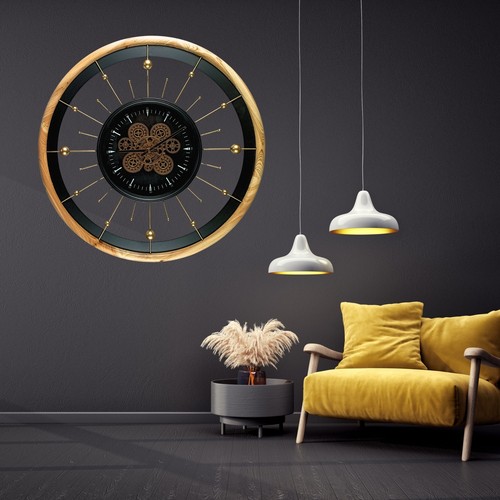 The Gears Clock SPAIN LINE WALL CLOCK ROUND 32 INCH "BARCELONA" BLACK AND WOOD - Picture 14 of 24